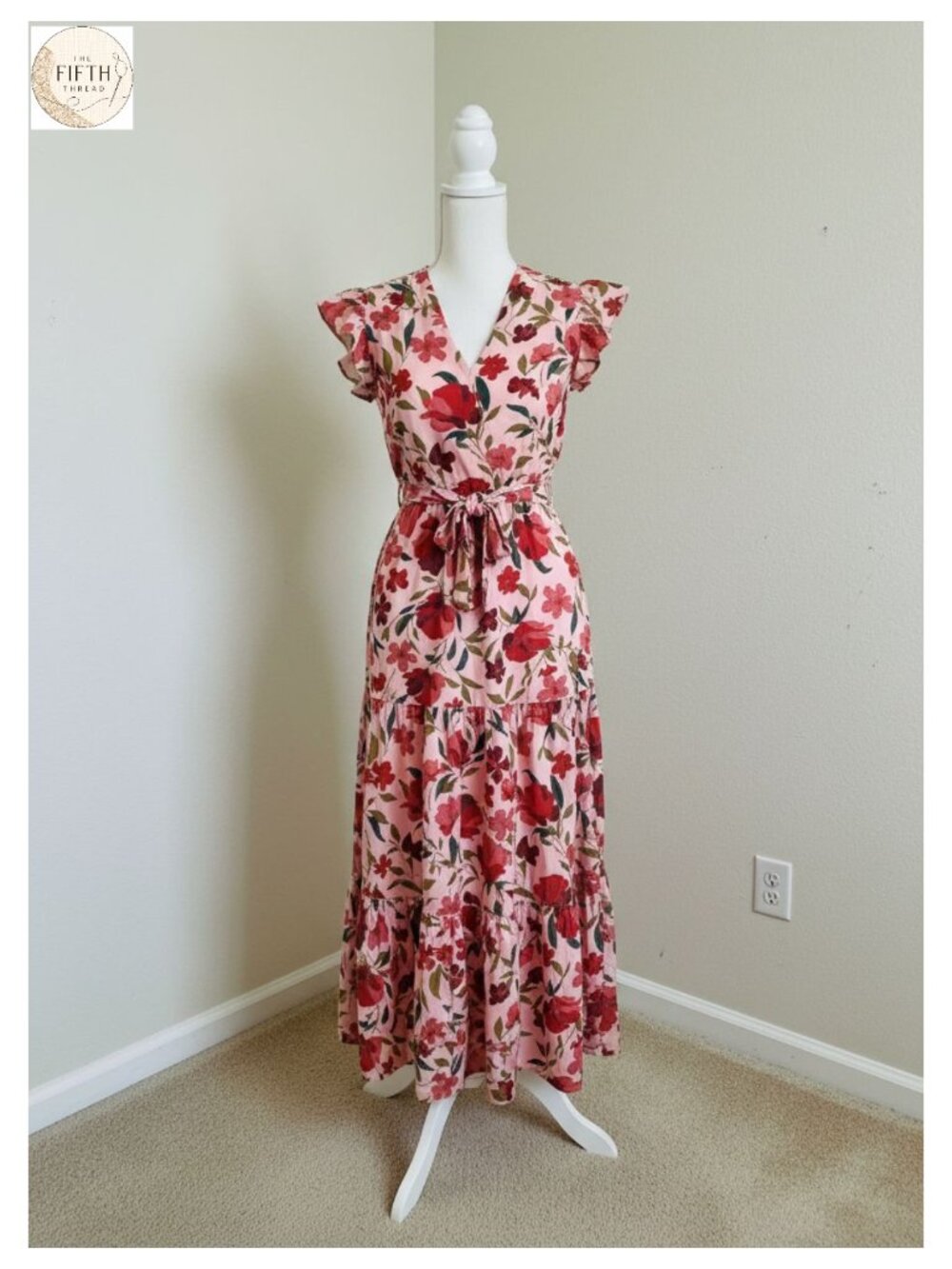 PRETTYGARDEN Women's Boho Floral Midi Dress V-Neck A-Line Cap Sleeve Pockets